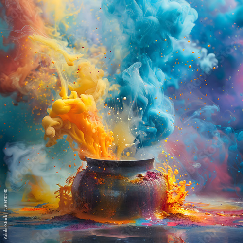 Cauldron, bubbling potion, mystical workshop, blending ingredients amidst swirling colorful smoke, overcast weather, photography, soft Rembrandt lighting photo