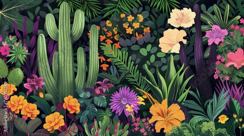 Tapeta z bujną różnorodną roślinnością, ciekawe połączenie różnych gatunków pochodzących z całego świata w nowoczesnym stylu