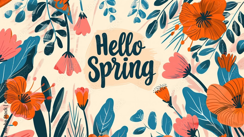 Na tle pastelowych kwiatów widnieje napis hello spring wykonany w nowoczesnym stylu graficznym. Kompozycja charakteryzuje się wyrazistymi literami i delikatnymi kolorami. - obrazy, fototapety, plakaty 