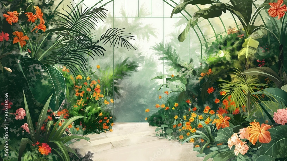 Malowana sceneria tropikalnego ogrodu, w którym rosną liczne kwiaty o różnych kolorach i kształtach, otoczona bujną zielenią roślin. - obrazy, fototapety, plakaty 