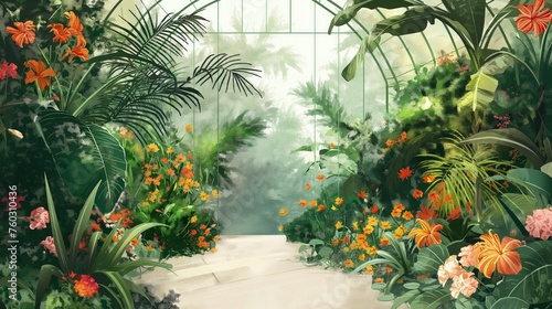 Malowana sceneria tropikalnego ogrodu, w którym rosną liczne kwiaty o różnych kolorach i kształtach, otoczona bujną zielenią roślin.
