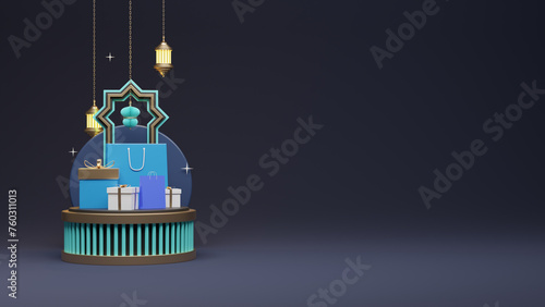 Social Media Islamic Sale Post design template. 3d rendering Shopping bag, podium stage and Islamic orment on black background. photo