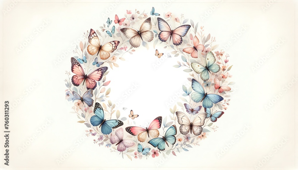 Watercolor painting of a Circular of Butterflies and botanical elements for corner and border invitation Watercolor painting of a Circular of Butterflies and botanical elements for corner and border invitation