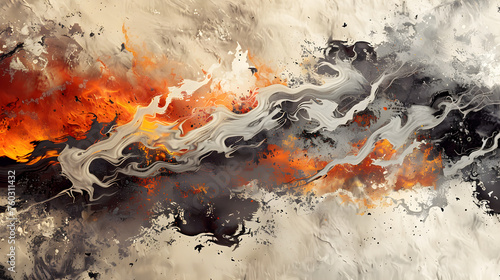  An abstract artwork with orange, grey, and black colors, featuring smoke-like shapes and splatters