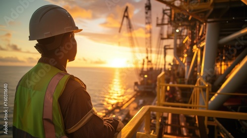 A man, wearing a helmet and standing on an oil rig, gazes at the sunset over the water, admiring the serene sky and clouds. AIG41