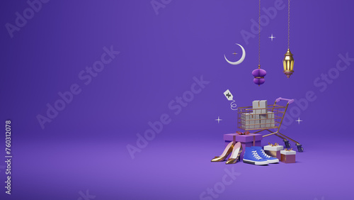 Social Media Islamic Sale Post design template. 3d rendering shoose on podium, turkish lantern and Islamic orment with your text spcae. photo