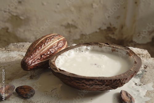 Cacao pod and a half with fresh cocoa milk, a nutritious beverage alternative.