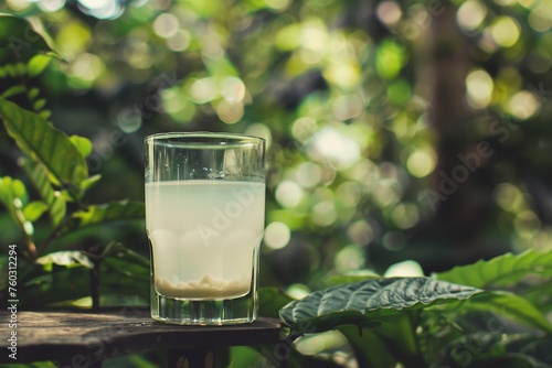 A refreshing glass of cacao water surrounded by lush foliage. photo