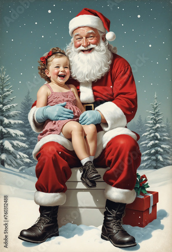 mall santa holding laughing child on his lap vintage illustration isolated on a transparent background