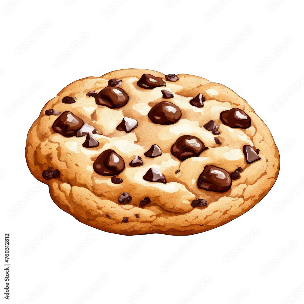One classic gooey chocolate chips cookie, watercolor illustration, snack, breakfast, vector clipart, biscuit, brown chip cookie, isolated on white background One classic gooey chocolate chips cookie, watercolor illustration, snack, breakfast, vector clipart, biscuit, brown chip cookie, isolated on white background