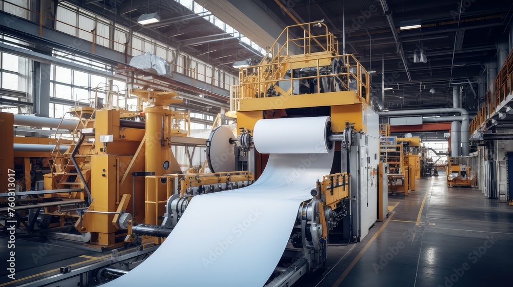 Fototapeta premium machinery production paper mill illustration equipment process, sustainability industry, wood fibers machinery production paper mill