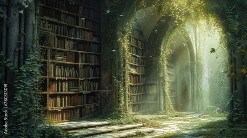 An ancient library in a hidden forest, overgrown with ivy, books filled with forgotten lore, mystical ambiance, sunlight filtering through leaves. Resplendent.