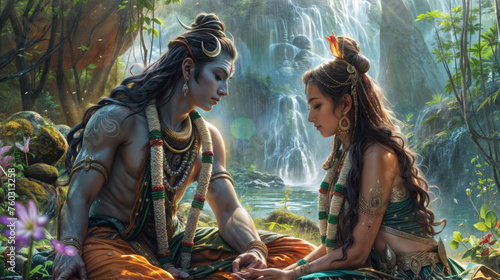 Lord Shiva and Parvati are sitting close to each other in a forest with a waterfall in the background. © LAYHONG