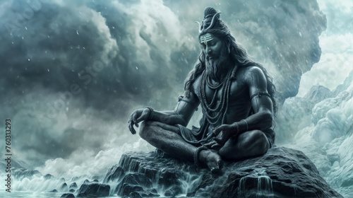Lord Shiva sitting on a rock in the clouds, illustration photo