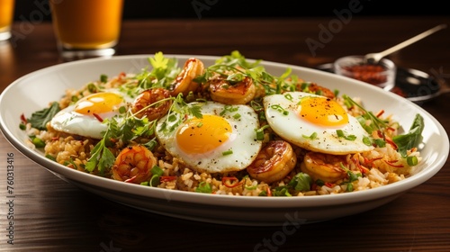 A plate of fried rice topped with sunny-side-up eggs and shrimp. The savory aroma wafts through the air, tempting the senses with its delicious blend of flavors. The golden yolks of the eggs glisten.