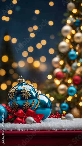 Festive Podium with a blurred or bokeh background of Holiday Ornaments