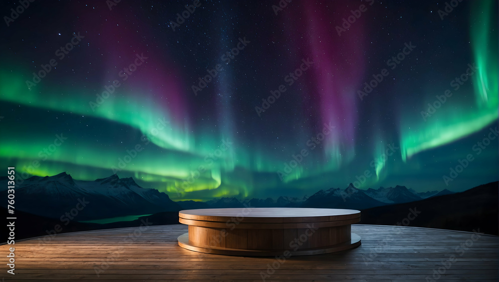 Glowing Podium with a blurred or bokeh background of Aurora Borealis