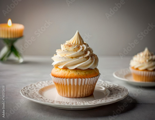 Sweet beautiful cupcake on a ceramic plate on the kitchen table.