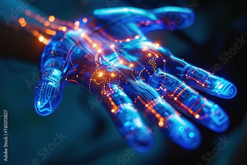 Stylized robotic hand with glowing circuits and a futuristic design.