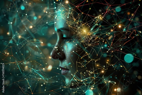 Close-up of a woman's profile with illuminated neural network lines and nodes overlay.