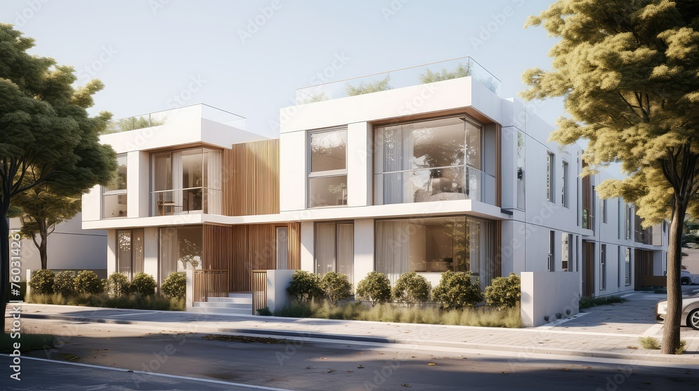 Fototapeta premium sleek modern townhouse building illustration contemporary urban, design architecture, spacious stylish sleek modern townhouse building
