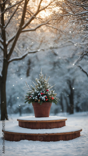 Seasonal Podium with a blurred or bokeh background of Winter Wonderland