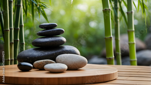 Spa Podium with a blurred or bokeh background of Bamboo and Stones