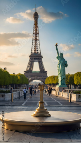 Travel Podium with a blurred or bokeh background of World Landmarks