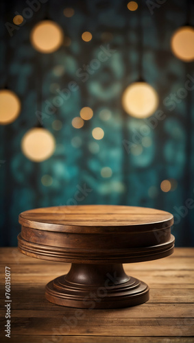 Vintage Wooden Podium with a blurred or bokeh background of Retro Wallpaper
