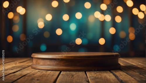 Vintage Wooden Podium with a blurred or bokeh background of Retro Wallpaper