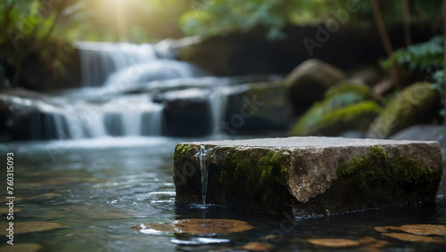 Zen Podium with a blurred or bokeh background of Tranquil Waterfall