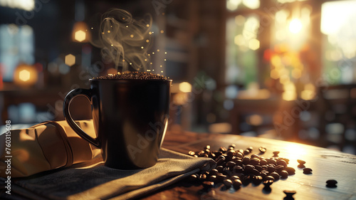 Steaming cup of coffee on a table awaits a morning pick-me-up
