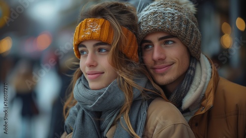 Couple in winter, city backdrop, intimate moment.