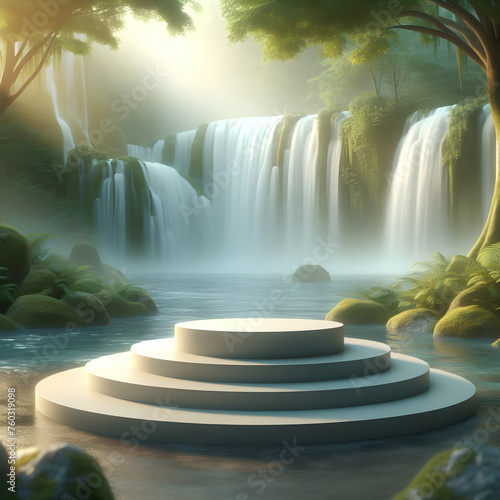 Photoreal 3D with Podium with a blurred or bokeh background of Tranquil Waterfall (1).jpg photo