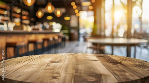 Empty wooden table and Coffee shop bokeh background © Christiankhs