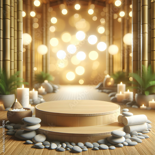 Photoreal 3D with Spa Podium with a blurred or bokeh background of Bamboo and Stones 
