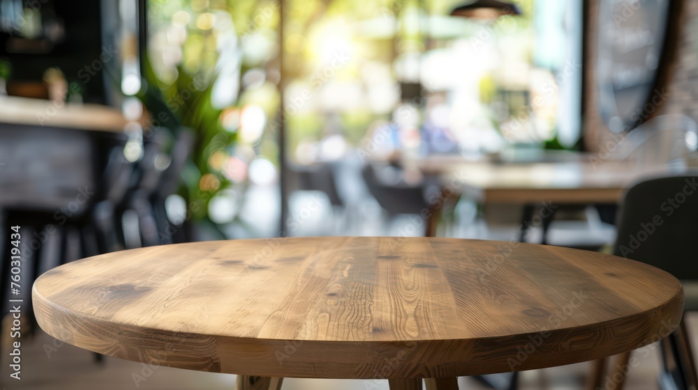 Selected focus empty brown wooden table and Coffee shop background with bokeh, for product display montage. Selected focus empty brown wooden table and Coffee shop background with bokeh, for product display montage.
