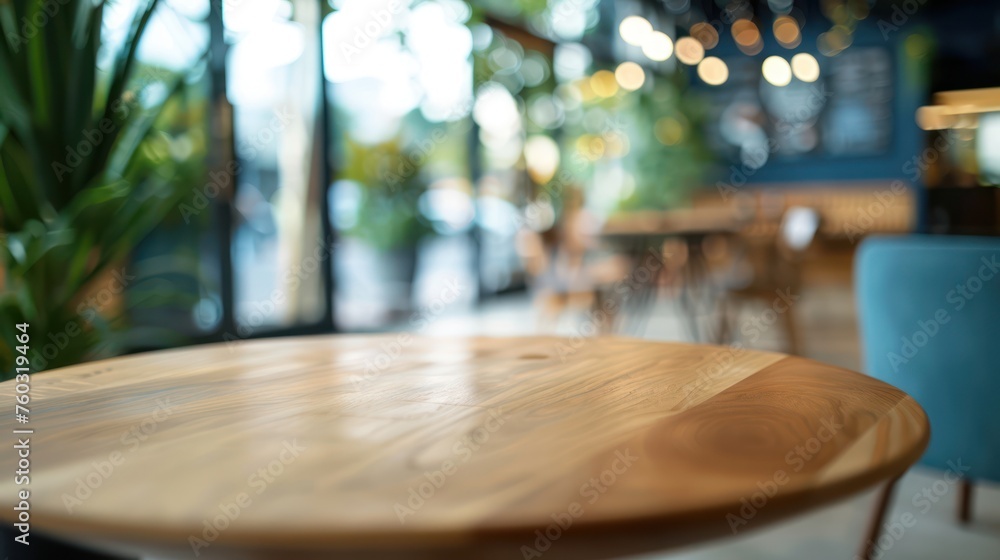 Empty wooden table and Coffee shop blur background with bokeh image. Empty wooden table and Coffee shop blur background with bokeh image.