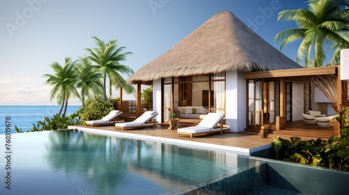 relaxation pool bungalow building illustration paradise oasis, design architecture, modern serene relaxation pool bungalow building © sevector