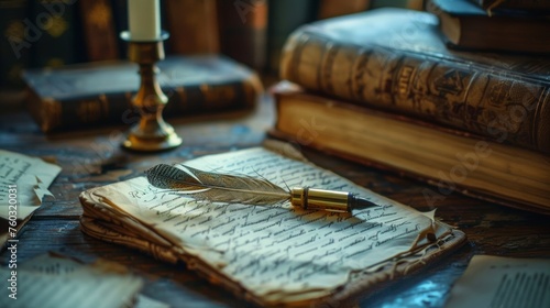 Quill pen and old books on the table. Retro style.