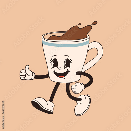 Retro cartoon coffee cup character. Mug mascot in different poses. 60s 70s 80s groovy contour vector illustration. Espresso black coffee cup.