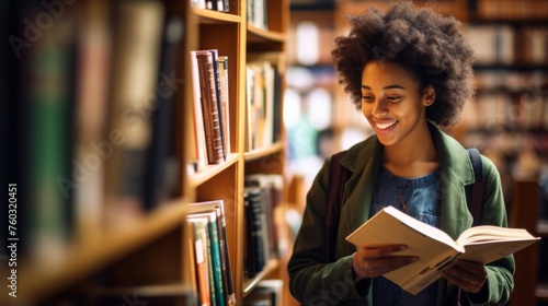A young smiling black woman is reading an interesting book standing next to the bookshelves in the library. Knowledge, Reading, Hobbies and leisure concepts. Horizontal photo from copy space.