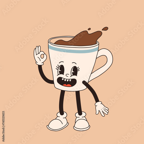 Retro cartoon coffee cup character. Mug mascot in different poses. 60s 70s 80s groovy contour vector illustration. Espresso black coffee cup.