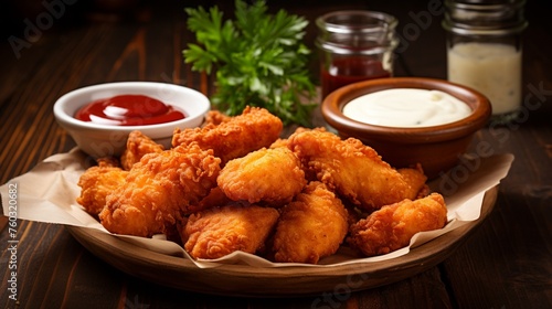 Fried chicken tenders or nuggets with ketchup and ranch for dipping
