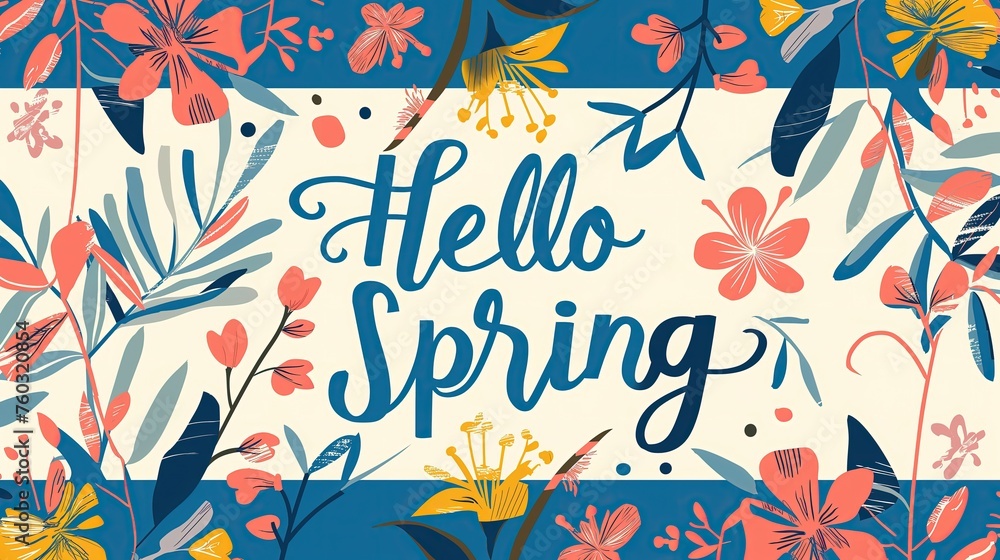 Niech wiosna zacznie się: błękitno-białe tło z kwiatami i słowami hello spring - obrazy, fototapety, plakaty 