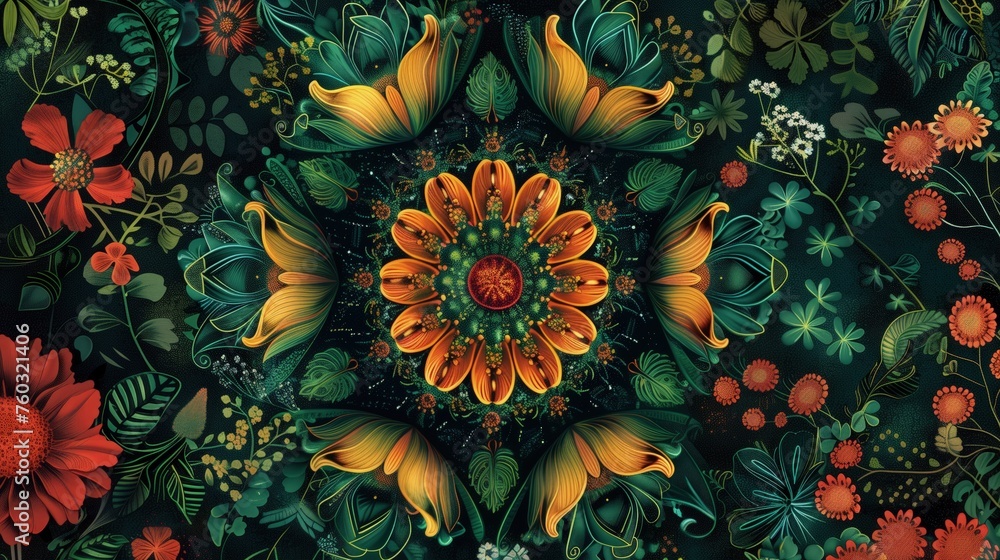 Obraz przedstawia mandale kwiatów i liści na czarnym tle. Delikatne kwiaty i liście zostały przedstawione w szczegółowy sposób, tworząc interesującą kompozycję. - obrazy, fototapety, plakaty 