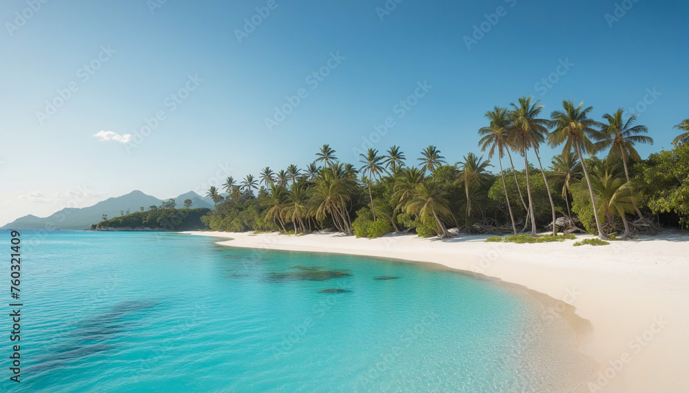 Paradise landscape of a tropical desert island with white sand, crystal clear turquoise water and palm trees