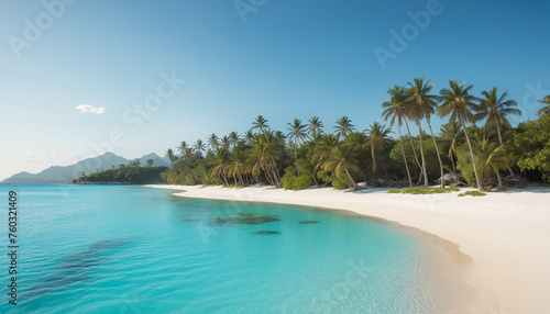 Paradise landscape of a tropical desert island with white sand  crystal clear turquoise water and palm trees