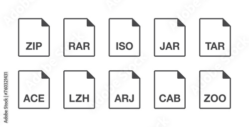 Black popular archive document file format line icons set. Multi types simple flat design vector infographic pictogram for app web website button ui ux interface elements isolated on white background