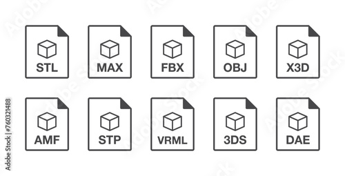 Black popular 3d modelling file format line icons set. Multi types simple flat design vector infographic pictogram for app web website button ui ux interface elements isolated on white background